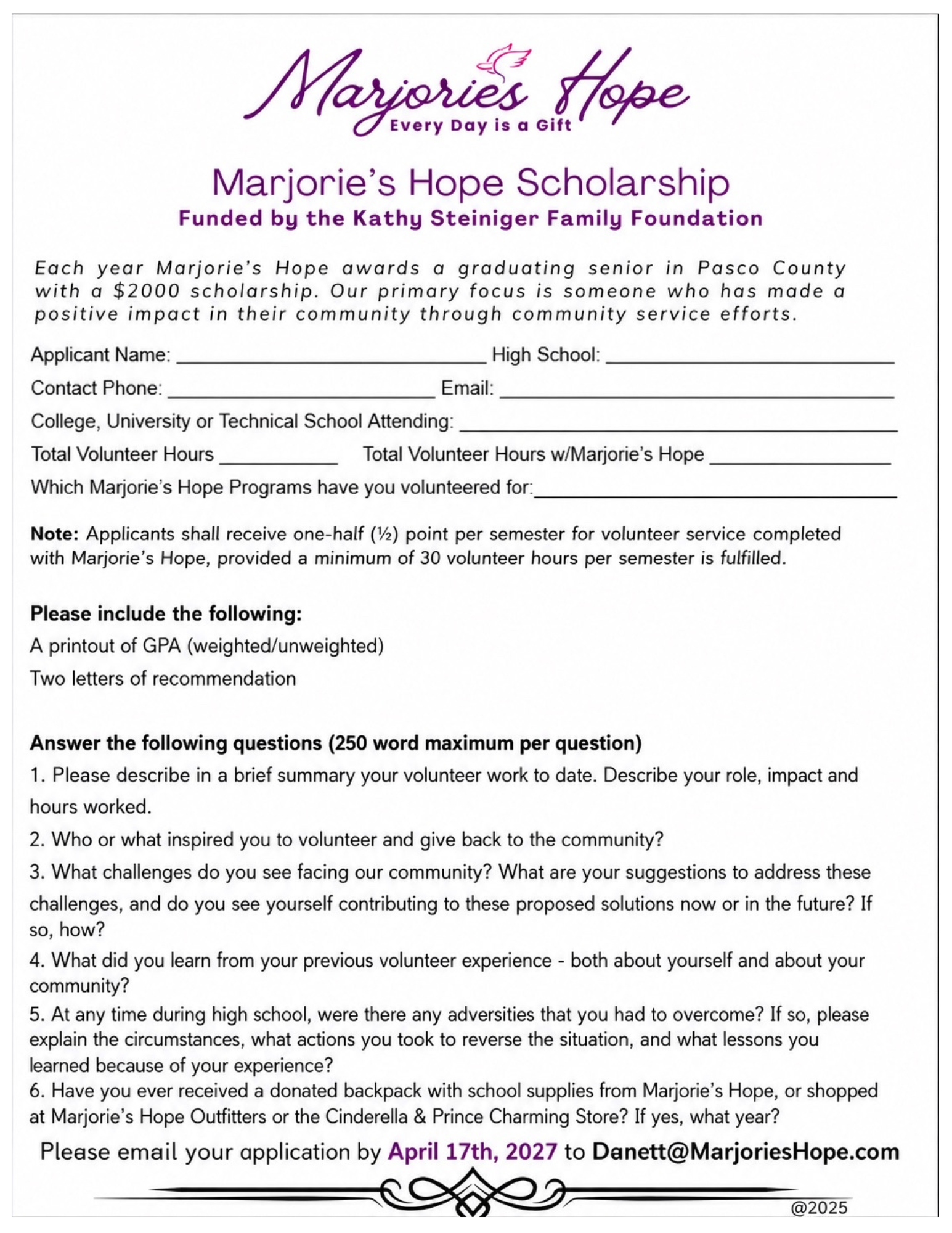 '27 Marjorie's Hope Scholarship Application